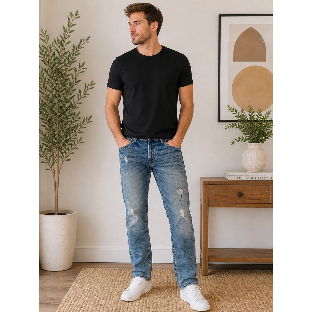 Decree Men’s Distressed Jeans Size 34x30 Medium Wash Slim Straight Stretch Denim